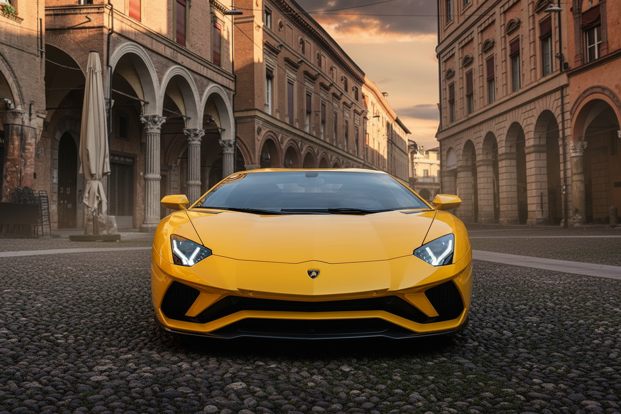 AI-generated front view of yellow Lamborghini Aventador